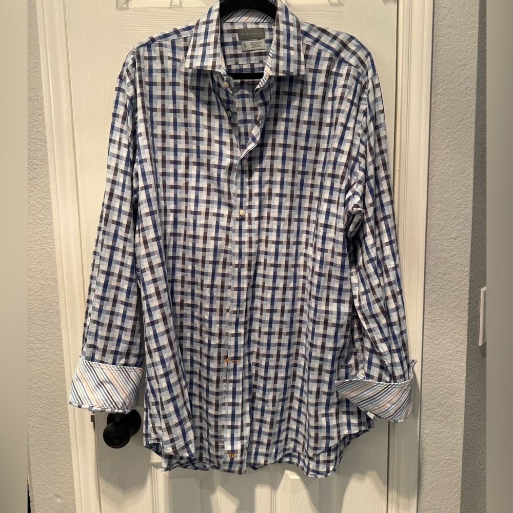 💙 Thomas Dean Men’s XL Button-Up Shirt – Blue Plaid Check Excellent Condition 💙 - Picture 3 of 6